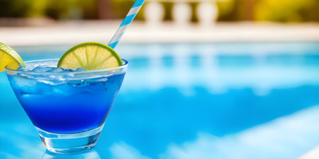 Blue Curacao Cocktail with lime on the edge of a swimming poolの素材