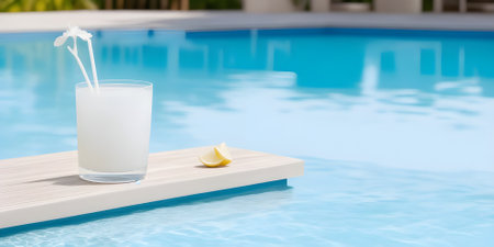 Glass of fresh milk and slice of lemon on the edge of swimming poolの素材
