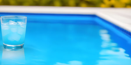 Glass of water with ice on the swimming pool, summer vacation conceptの素材