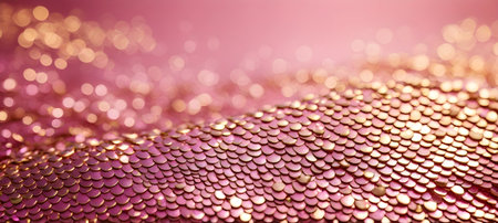 golden sequins on pink background with bokeh defocused lightsの素材