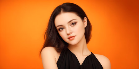 Portrait of a beautiful young brunette woman on orange background.の素材