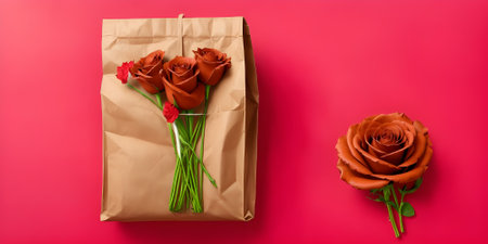 top view of bouquet of red roses and paper bag on pink backgroundの素材