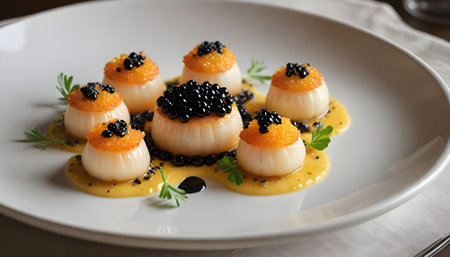 Scallops with black caviar on white plate, closeupの素材