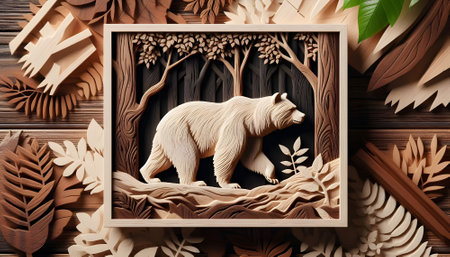 Wooden frame with bear and leaves on wooden background, 3d renderingの素材