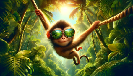 monkey in sunglasses on a background of tropical jungle. 3d illustrationの素材