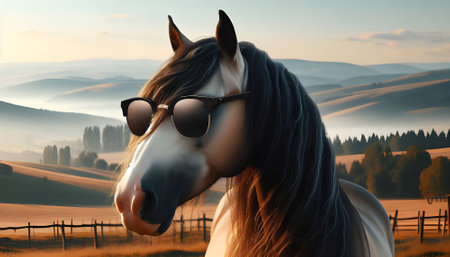 Horse with sunglasses on the background of the mountains. 3d renderingの素材
