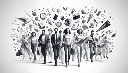 Group of diverse people in front of a wall full of different objectsの素材