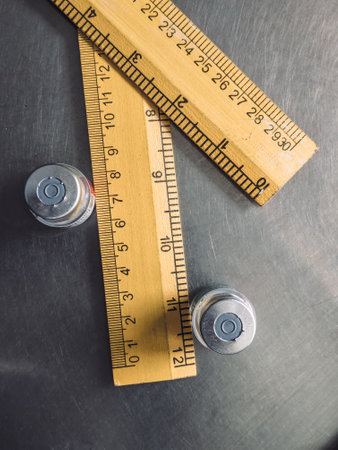 Wooden ruler and screw heads on a metal background. Toned.