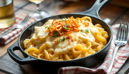 close up of a plate of pasta carbonara with bacon and cheeseの素材