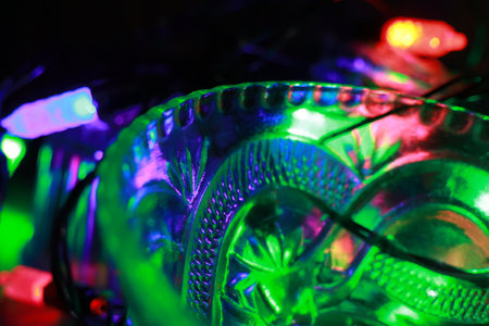 abstract background of colored lights in a glass vase close-up