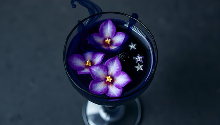 Cocktail with purple orchids on a black background.の素材