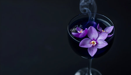 Wine glass with purple orchid flower on black background. Copy space.の素材
