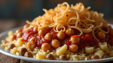 Spaghetti with chickpeas and tomato sauce, close-upの素材