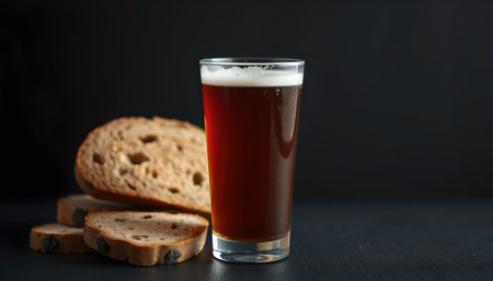glass of dark beer and bread on a black background, copy spaceの素材