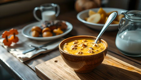 Chickpea soup in a wooden bowl on a wooden tableの素材