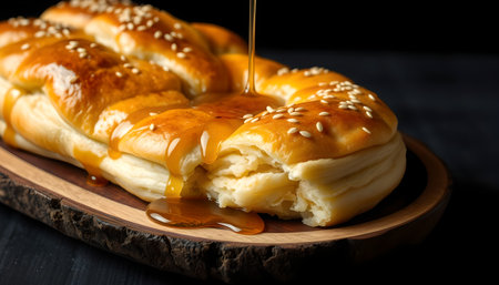 Homemade bread with sesame seeds and caramel on a black backgroundの素材