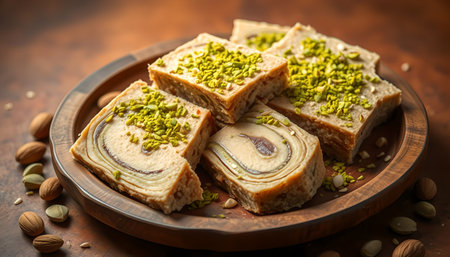 Traditional oriental dessert halva with pistachios on wooden plateの素材