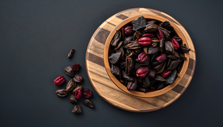 Dried black and red rose petals in wooden bowl on black backgroundの素材