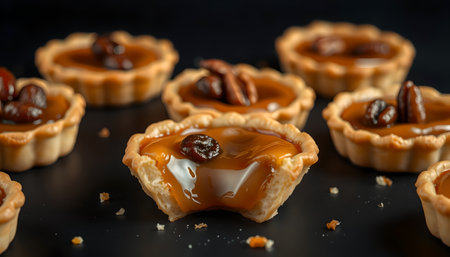 Tartlets with caramel and pecan nuts on a black backgroundの素材