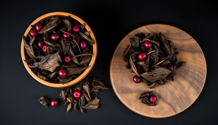Dry tea with cranberries in a wooden bowl on a black backgroundの素材