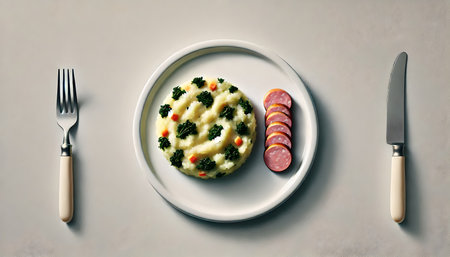 Dish of mashed potatoes with vegetables and salami on a white plateの素材