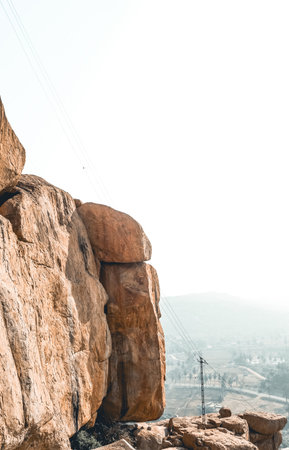 High voltage power line on top of a mountain in the morning.の写真素材