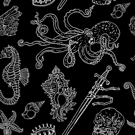Nautical seamless pattern black: octopus, shell, starfish, drowned sword, crown, skull, crystal, sea horse. Hand drawn vintage tattoo engraving style illustration. Underwater, fantasy, boho, gothic.のイラスト素材