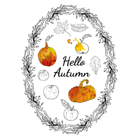 Hello autumn set: oval wreath branches frame, inscription, pumpkins, apples, oak and maple falling leaves. Harvest decoration. Hand drawn line art style vector illustration with watercolor elements.のイラスト素材