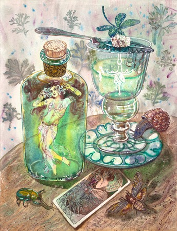 Absinth fairy. Beautiful girl in a belly dance costume, green absinthe bottle, glass, insects, dragonfly, snail, beetle, deaths head hawkmoth, art nouveau picture. Fantasy gothic vintage illustrationの写真素材