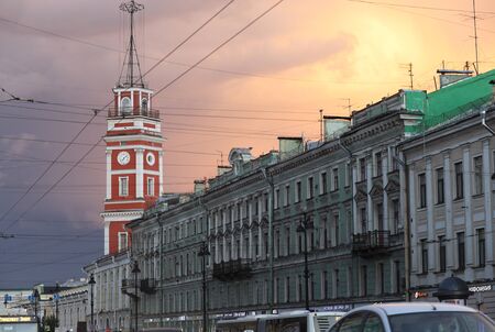 Saint Petersburg, Russia - September 15 2018 : famous view of Nevsky prospect and Dumskaya Tower at sunset.のeditorial素材
