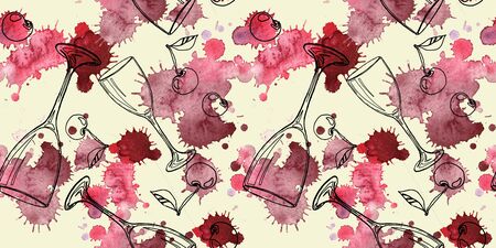 Hand drawn watercolor wineglass pattern.の写真素材