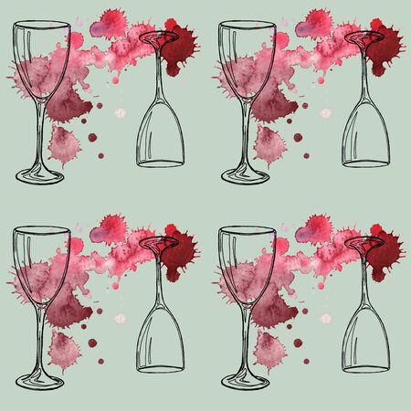 Watercolor seamless wineglass patternの写真素材