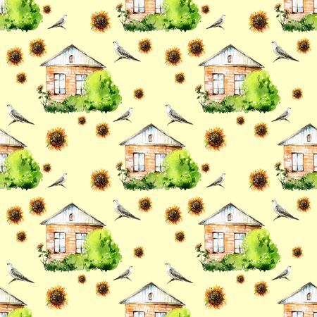 Hand drawn watercolor rural summer isolated objects pattern.の写真素材
