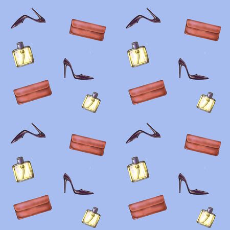 Digital fashion seamless pattern with a purse, shoes and fragrance against blue background. Stylish design, Banner, print template. Modern illustration with woman things.の写真素材