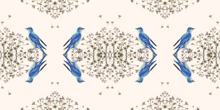Seamless pattern with watercolor blue sialia and wild herbs.