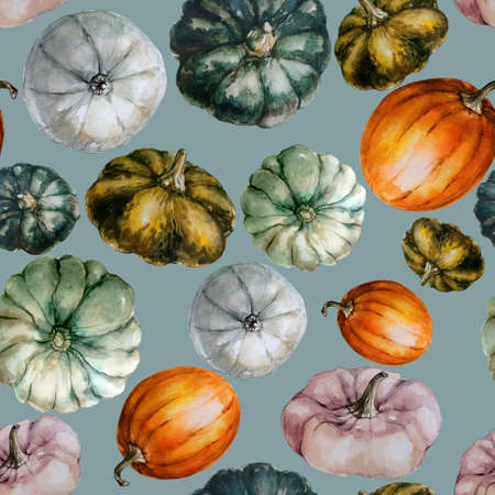 Seamless pattern with watercolor different pumpkins.の写真素材