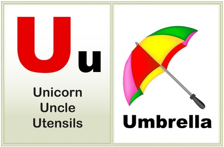 Alphabet letter U with clip-art and few similar words starting with the letter printable graphic for preschool / kindergarten kidsのイラスト素材