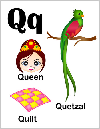 Cute and colorful alphabet letter Q with set of illustrations and words printable sheet.のイラスト素材