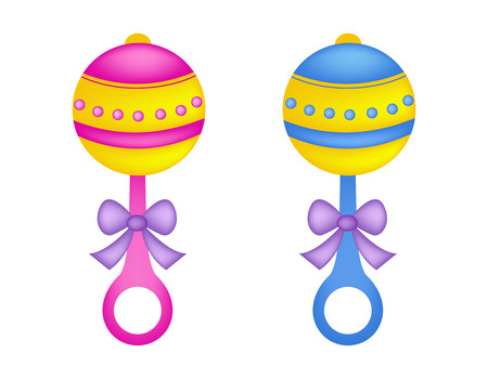 Colorful baby rattles in pink and blue with ribbon bow / baby toys illustration isolated on white backgroundのイラスト素材