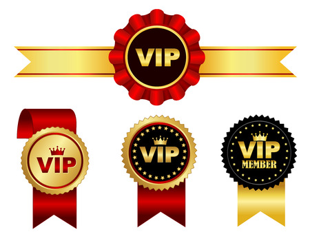Colorful VIP membership ribbon rosette and seal collection isolated on whiteのイラスト素材