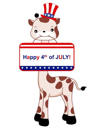 Illustration of a cute giraffe with a patriotic hat and notice on its mouthのイラスト素材