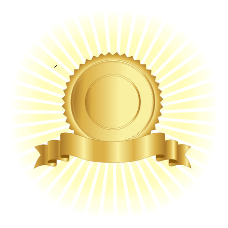 Gold stamp / seal with ribbon banner on glowing background design.のイラスト素材