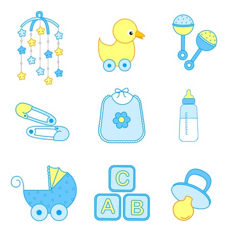 Cute baby boy icon / accessories collection including bib, carriage, safety pins, pacifier, feeding bottle, mobile, duck isolated on white background.のイラスト素材