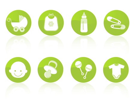 Cute baby icon collection in green including baby face, bib, carriage, safety pins, pacifier, feeding bottle, rattle isolated on white background.のイラスト素材
