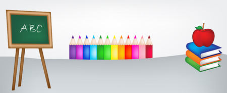 Back to school frame / web site header with black board and colorful color pencilsのイラスト素材