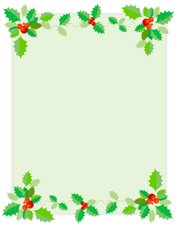 Holly leaves and red berries Christmas/holiday background/border with light green empty background.のイラスト素材
