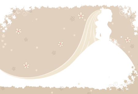 Bridal shower / wedding invitation card background with a beautiful bride with flowers on soft brown floral backgroundのイラスト素材