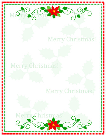Retro striped frame with red and green stripes and poinsettia flowers with merry christmas lettersのイラスト素材