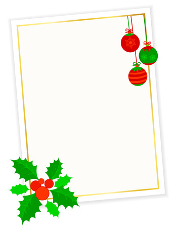 Golden frame with Christmas ornaments and holly, berriesのイラスト素材