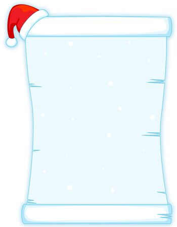 Rolled notice paper with a red santa hat on left corner. Blue icy scroll paper with santa hat on topのイラスト素材